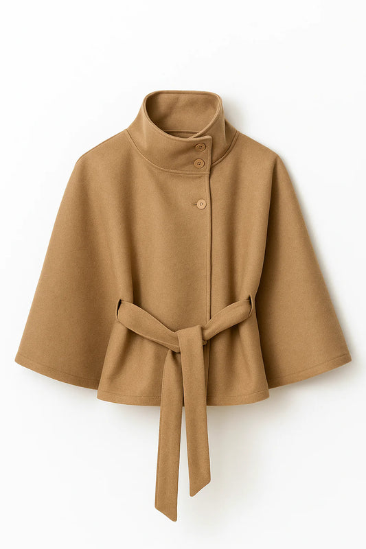 High-Neck Belted Cape Jacket
