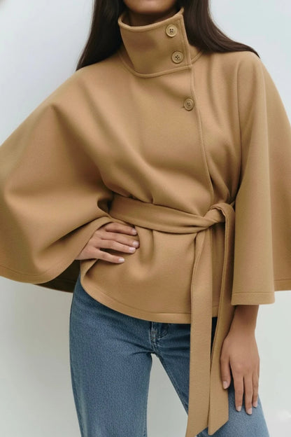 High-Neck Belted Cape Jacket