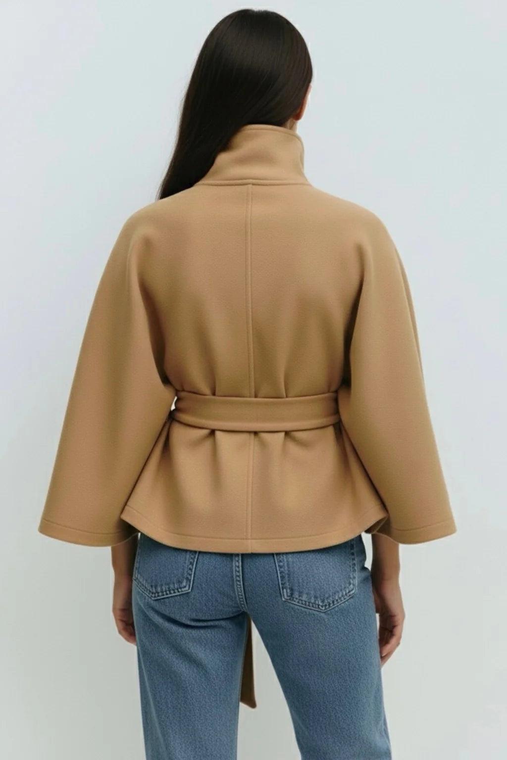 High-Neck Belted Cape Jacket