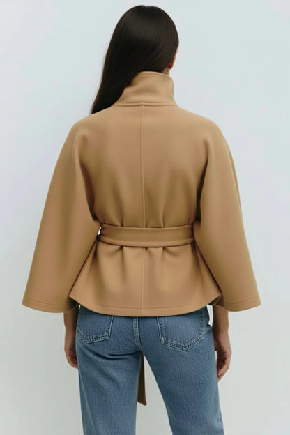 High-Neck Belted Cape Jacket